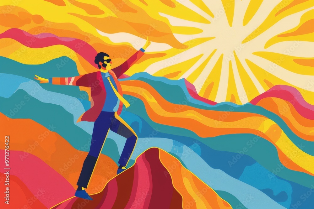 A vibrant illustration of a man standing triumphantly on a mountain peak, surrounded by colorful, swirling patterns and a bright sun. A vibrant illustration of a man standing triumphantly on a mountain peak, surrounded by colorful, swirling patterns and a bright sun.