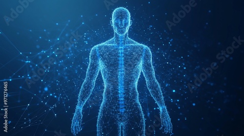 Digital Representation of a Human Figure Surrounded by Glowing Data Particles in a Dark Environment