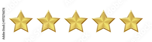 Isolated 5 shiny gold, brass star with metallic effect. Five elements for medals, awards, rating designation, hotels status on a transparent background, customer feedback, review. Vector EPS10  photo