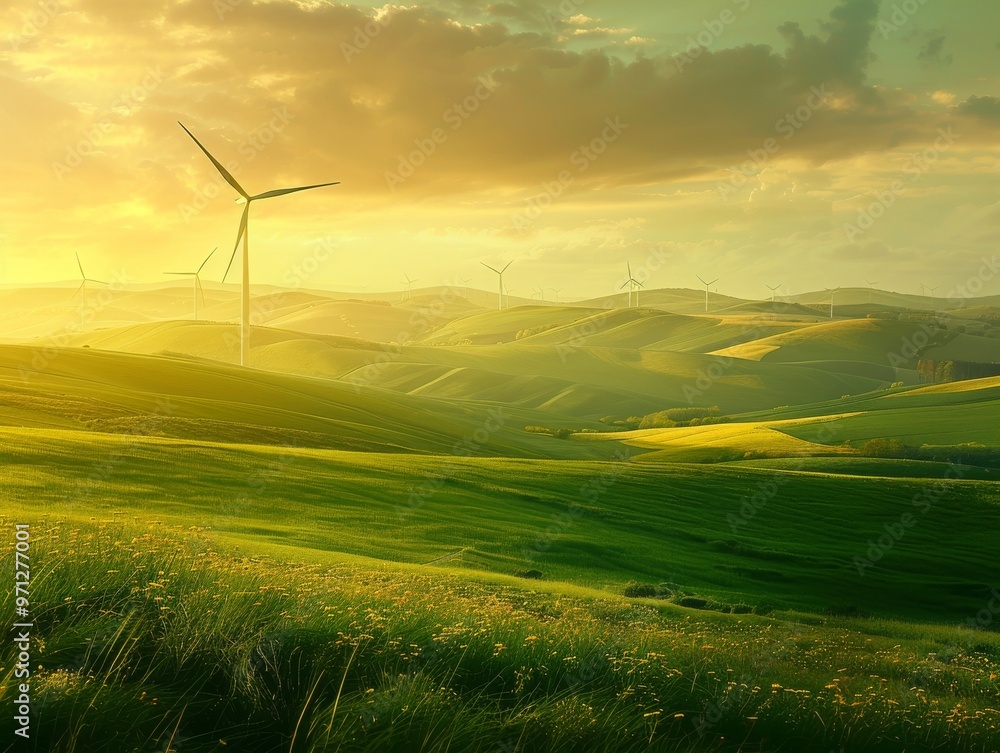 Obraz premium A single wind turbine stands tall against a backdrop of rolling hills and a vibrant green field at sunset.