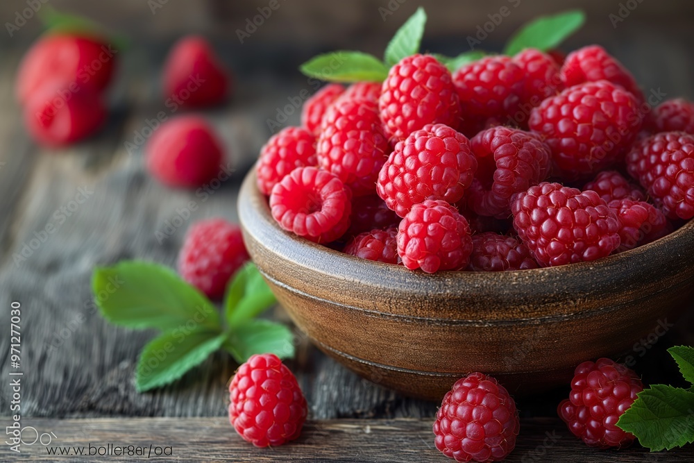 Freshly picked raspberries arranged in a rustic wooden bowl with mint leaves on a wooden table