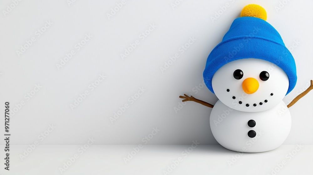 A blue hat on a snowman. The hat is blue and has a yellow trim. The snowman is standing on a white background A blue hat on a snowman. The hat is blue and has a yellow trim. The snowman is standing on a white background