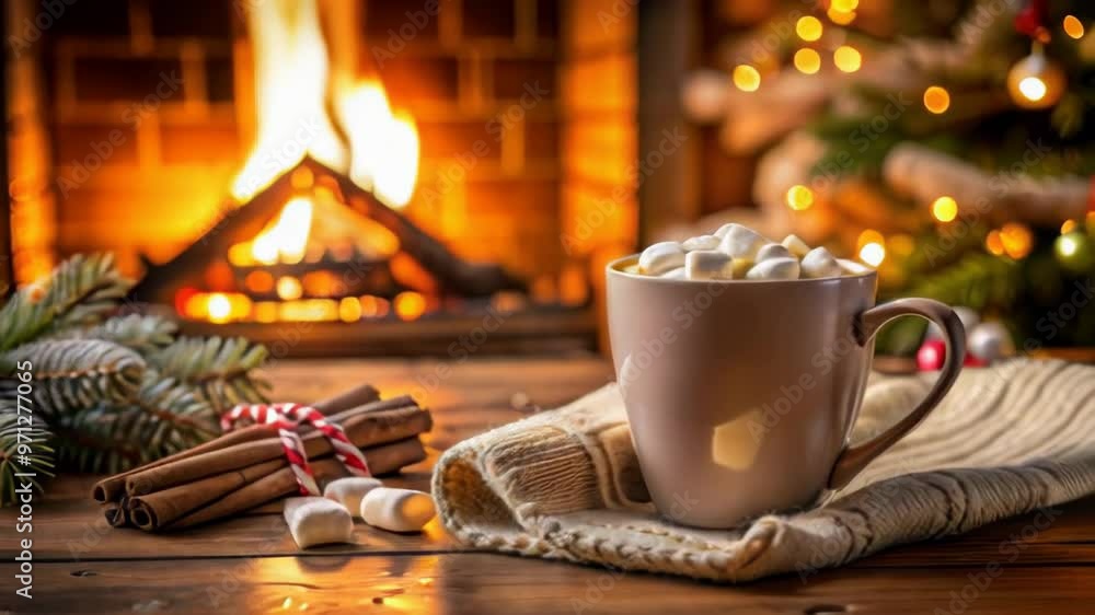 Cozy Cup of Hot Cocoa with Marshmallows by a Roaring Fireplace on Christmas Eve Cozy Cup of Hot Cocoa with Marshmallows by a Roaring Fireplace on Christmas Eve