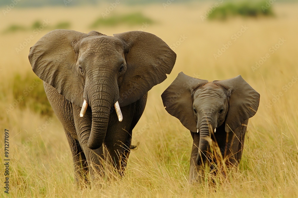 Obraz premium Mother elephant and her calf walking together in the African savannah during the golden hour of late afternoon