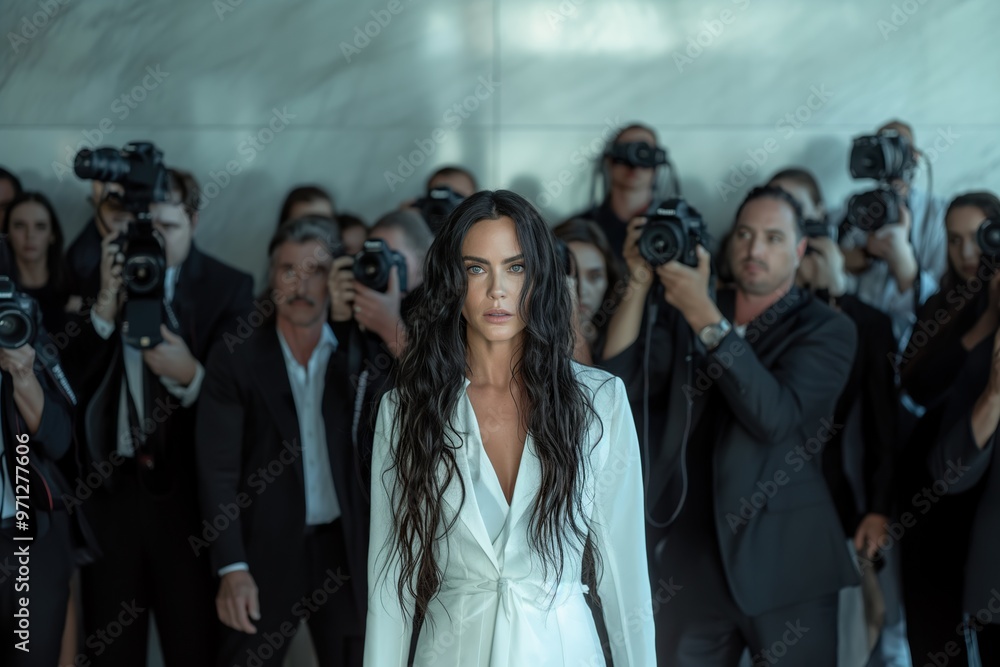 Obraz premium A woman with dark wavy long hair stands confidently in a white outfit as photographers capture her moment at a high-profile event