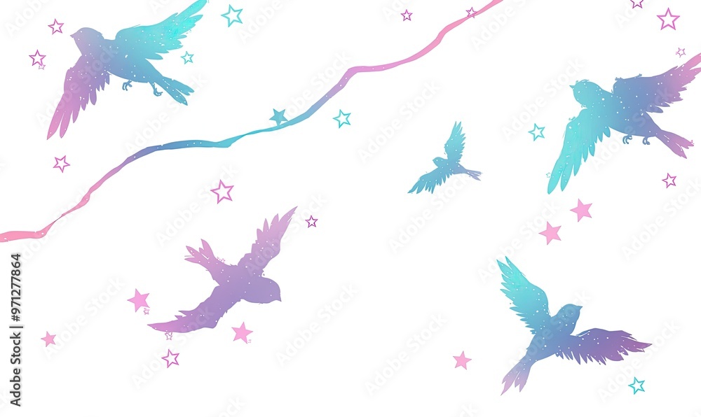 Fototapeta premium Five birds with stars on a pink and blue gradient background.