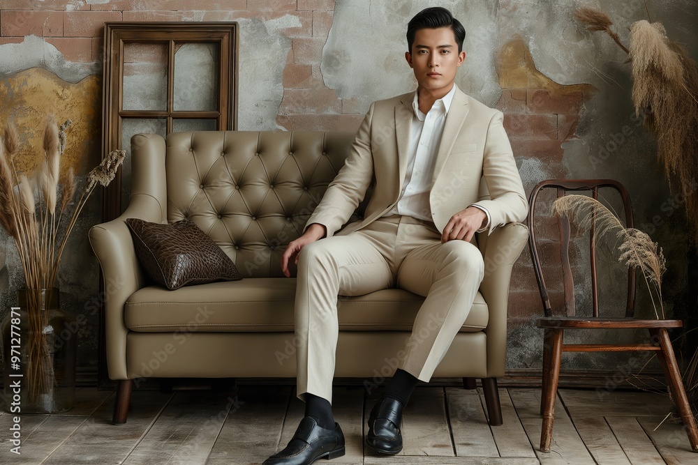 Obraz premium A handsome Chinese man in a stylish beige suit sitting elegantly on a vintage sofa in a rustic setting