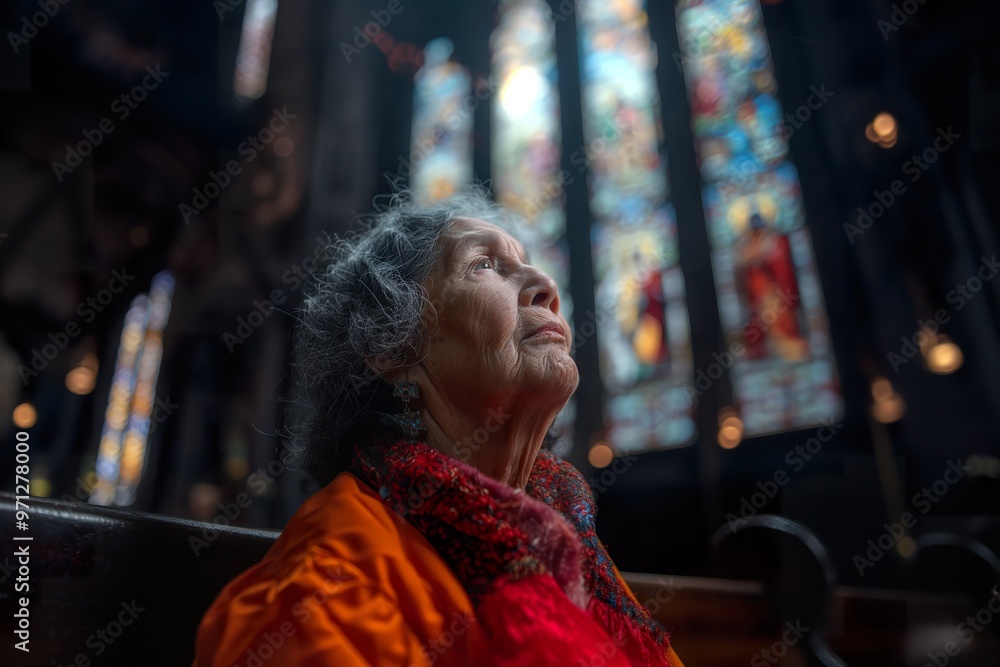 A contemplative older woman with an angelic expression gazing thoughtfully in a serene church setting filled with colorful stained glass A contemplative older woman with an angelic expression gazing thoughtfully in a serene church setting filled with colorful stained glass