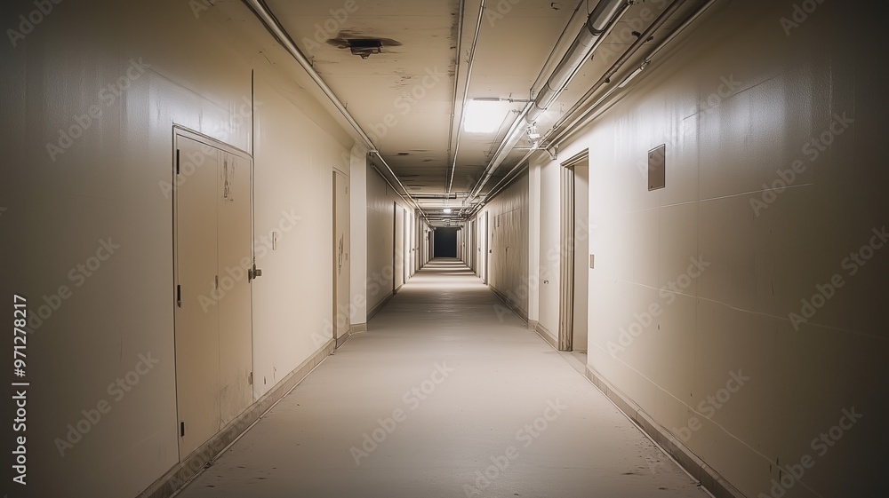 Long Empty Corridor with White Walls and Doors Long Empty Corridor with White Walls and Doors