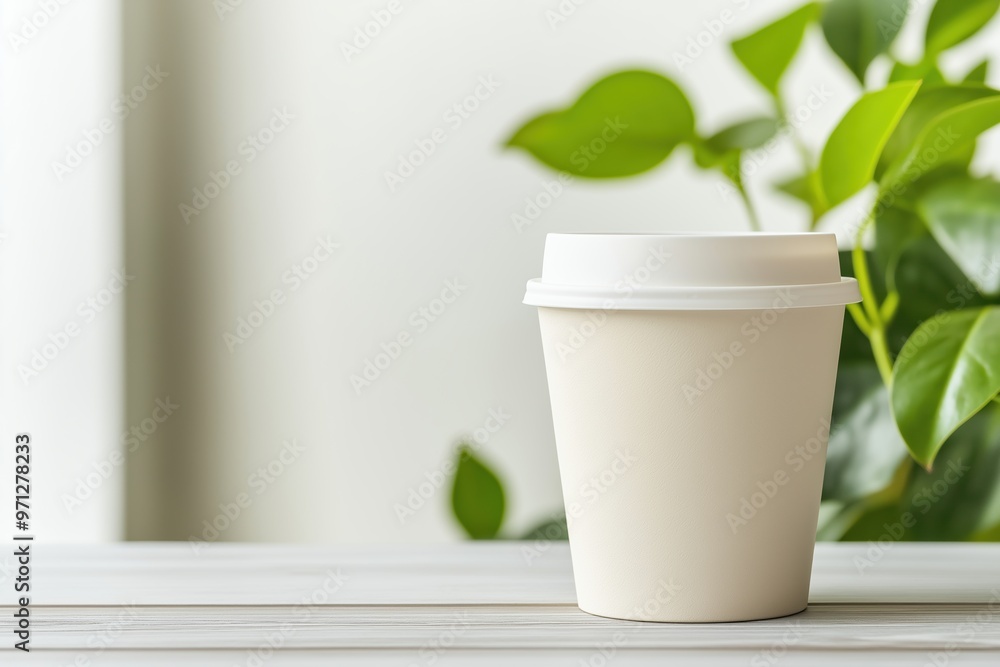 White coffee cup with lid on wooden table, green leaves in background, minimalist style, calming setting White coffee cup with lid on wooden table, green leaves in background, minimalist style, calming setting