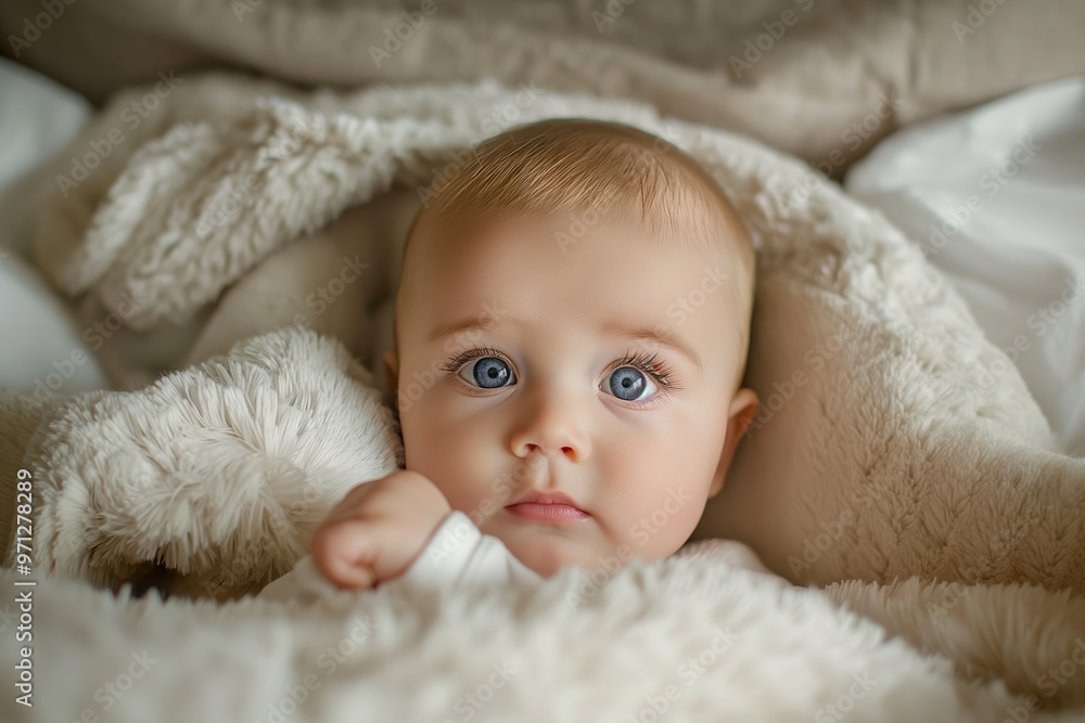 A curious baby with blue eyes nestled in a cozy blanket at home during a serene morning A curious baby with blue eyes nestled in a cozy blanket at home during a serene morning