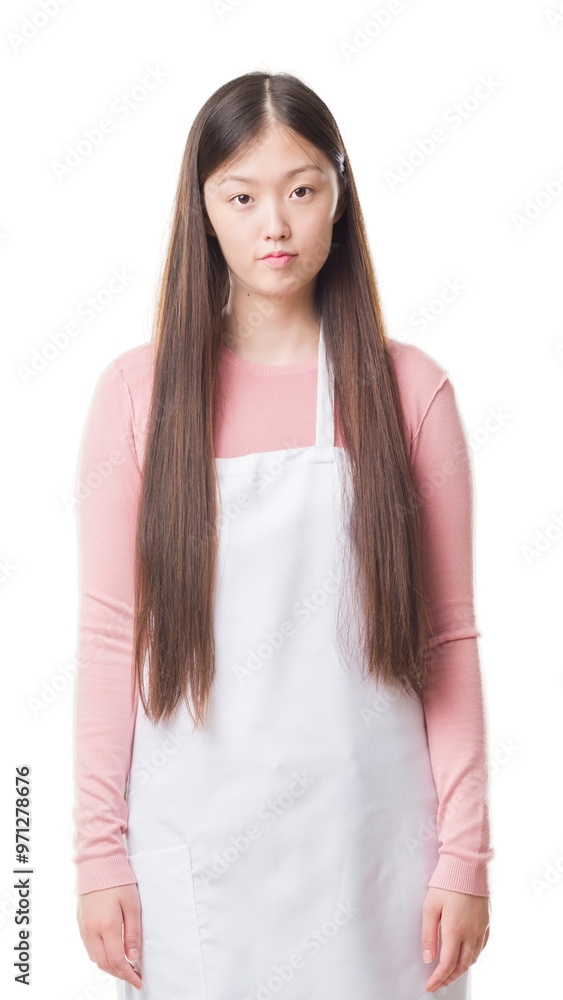 Young Chinese shop owner woman over isolated background wearing white apron with a confident expression on smart face thinking serious Young Chinese shop owner woman over isolated background wearing white apron with a confident expression on smart face thinking serious