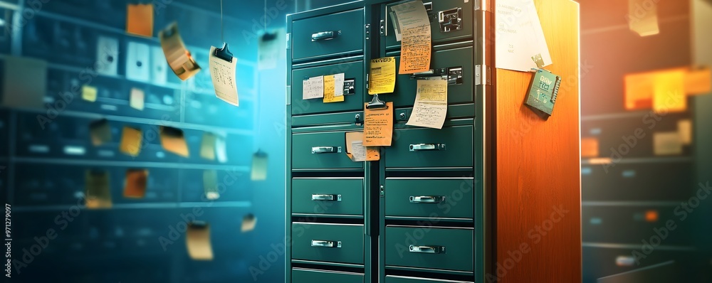 Green Metal Filing Cabinet With Papers. Green Metal Filing Cabinet With Papers.