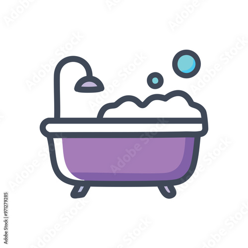 Bath time icon. Purple bathtub with shower head and bubbles. Relaxing and cleansing.