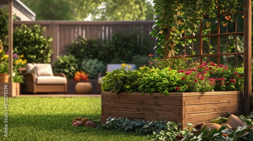 Fototapeta Naklejka Na Ścianę i Meble -  Colorful flowers climbing trellis in cozy backyard