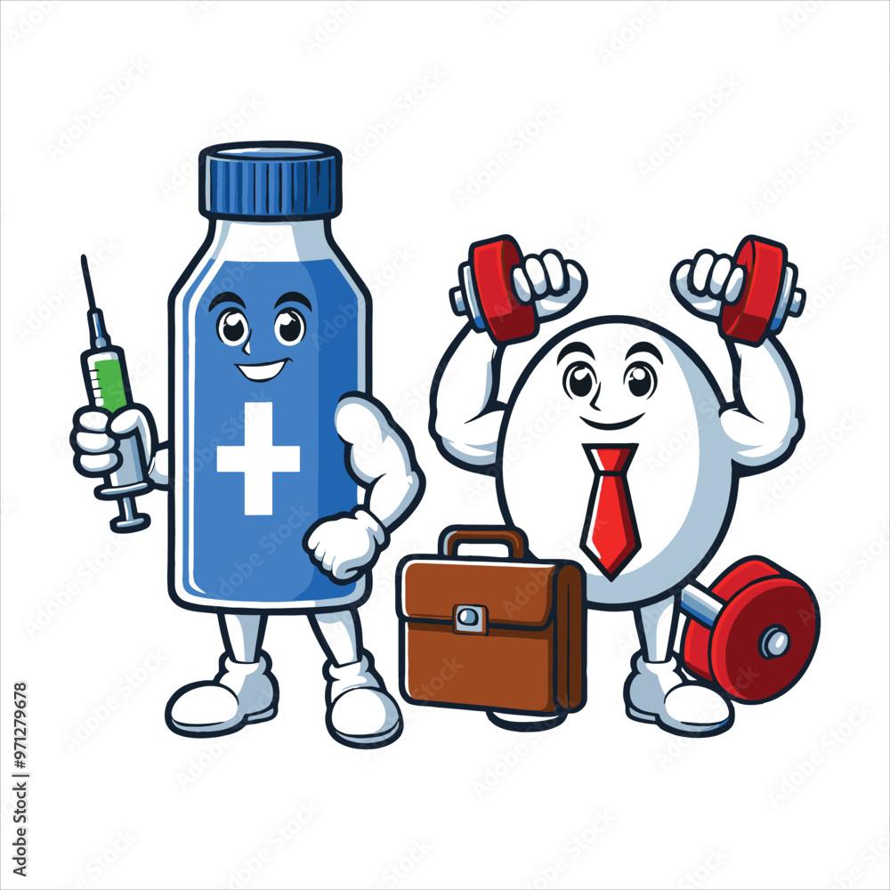 Medical characters with syringe, dumbbells, and medicine – health and fitness Vector Design Medical characters with syringe, dumbbells, and medicine – health and fitness Vector Design