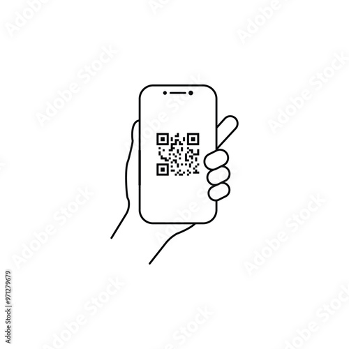 QR code scanning in smartphone screen. Hand holding Mobile phone. Simple line icon style, barcode scanner for pay, web, mobile app. Vector illustration
