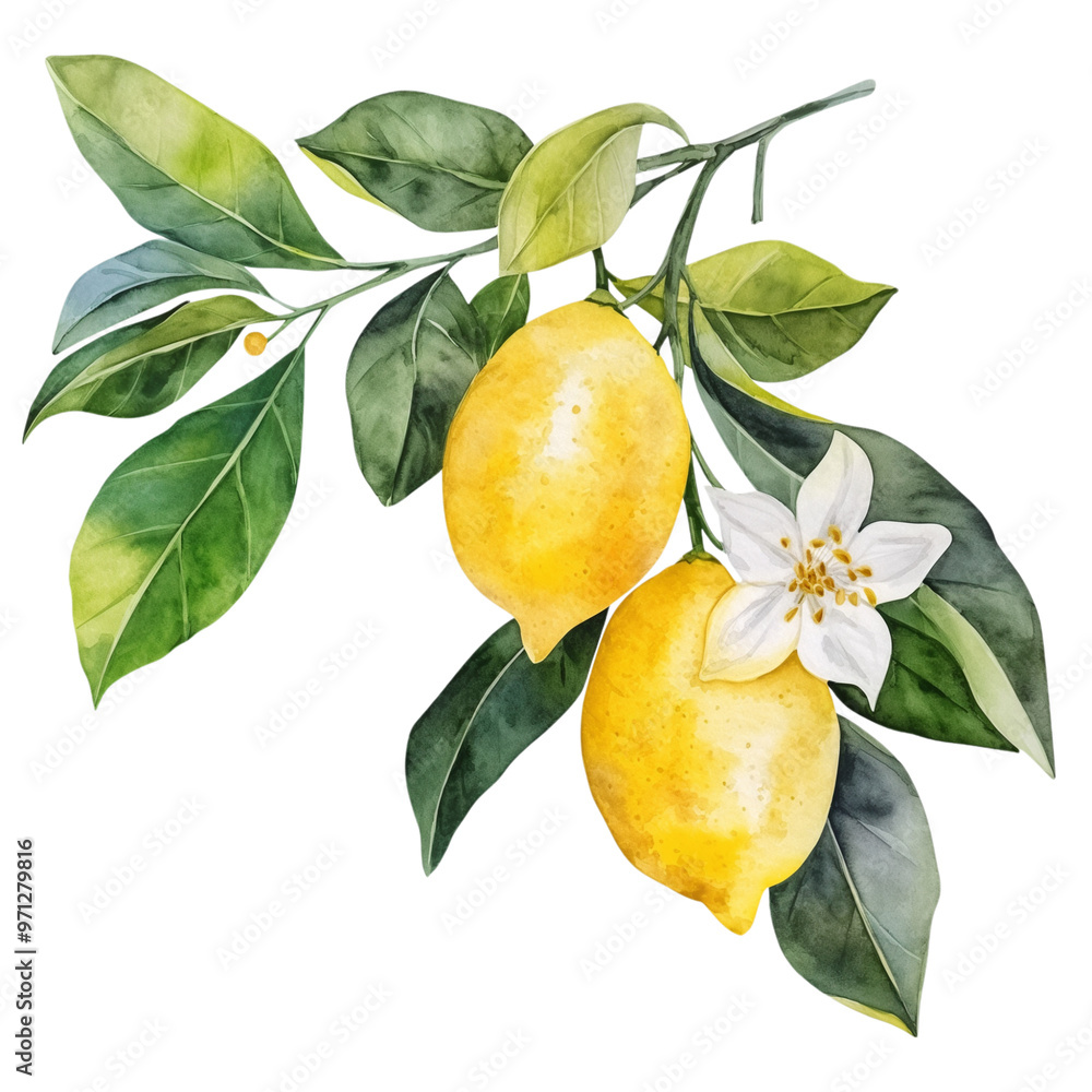 Yellow lemon with stem, flower and leaves