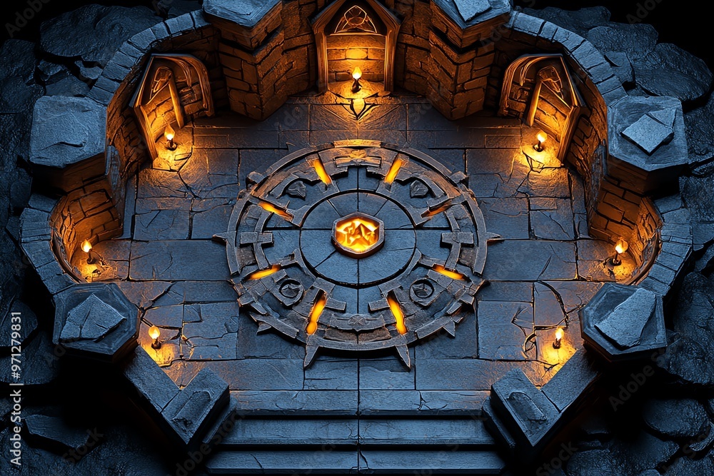 Obraz premium A dungeon designed as a gauntlet, with each room presenting a more dangerous challenge than the last, testing strength, intelligence, and teamwork