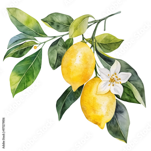 Obraz na płótnie Yellow lemon with stem, flower and leaves w salonie