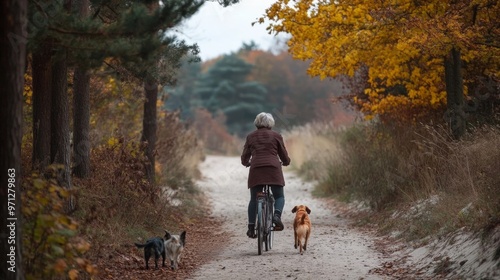 Cycling woman on path, dog ahead.