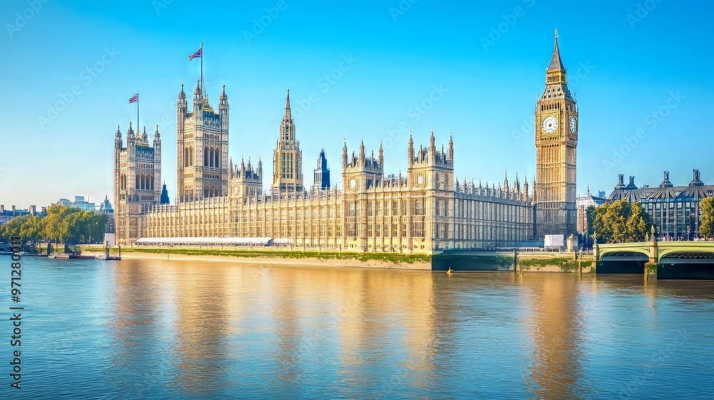 Fototapeta premium Parliament, Thames, London sun