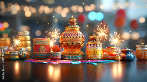 3D Glossy Festive Market Background with Sparklers and Rangoli Elements - Vibrant Celebration Scene Icon on White photo