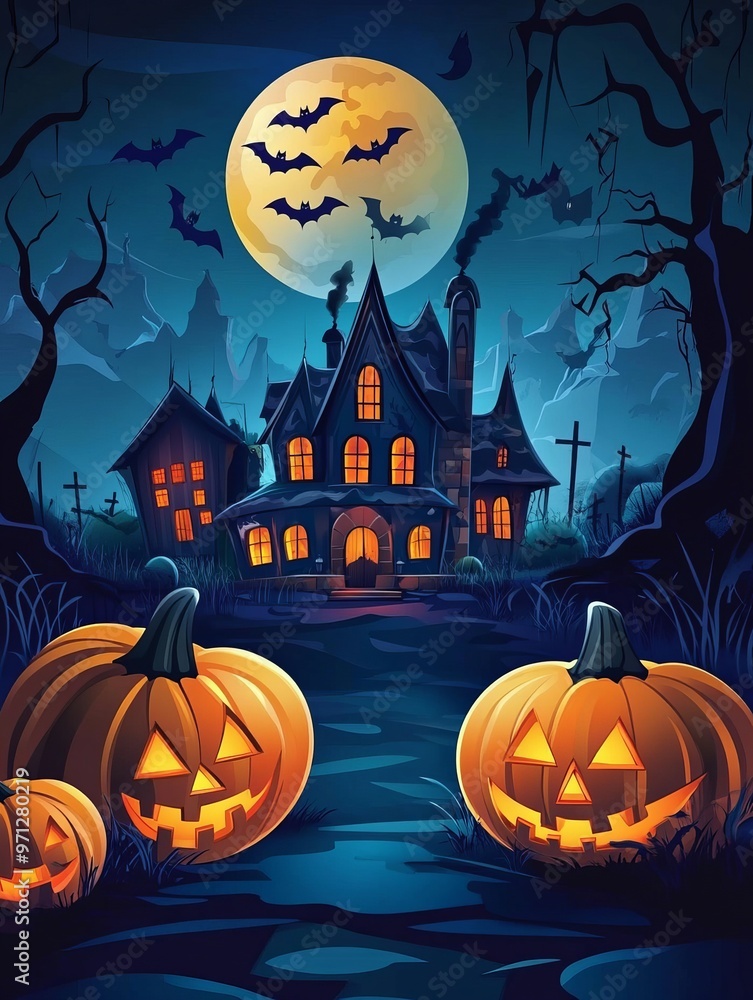Haunted Forest with Full Moon and Halloween Pumpkins Haunted Forest with Full Moon and Halloween Pumpkins