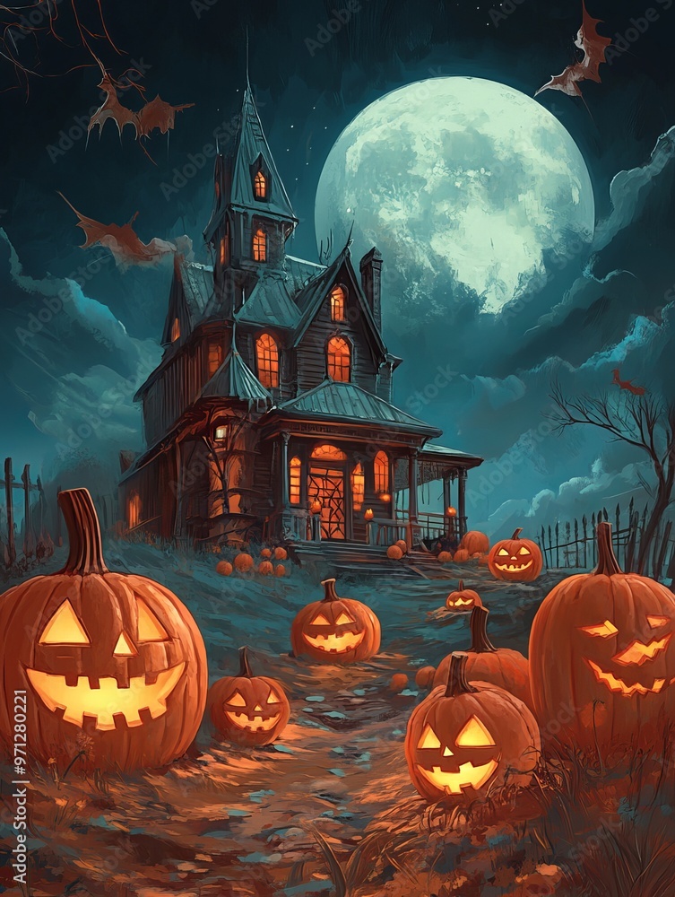 Fototapeta premium Haunted Forest with Full Moon and Halloween Pumpkins