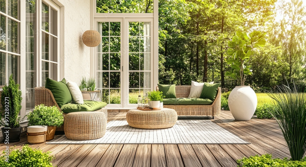 Obraz premium In the summertime, a modern patio has an open kitchen space and sliding doors