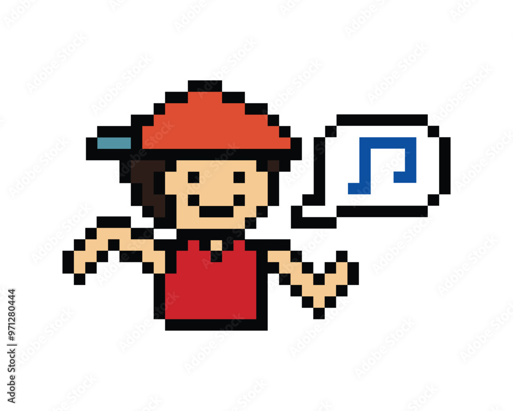 Obraz premium Cute pixel cartoon 8bit character man exercises training dance lifestyle music decoration life style 8 bit male boy dance with music game fitness isolated PNG vector.