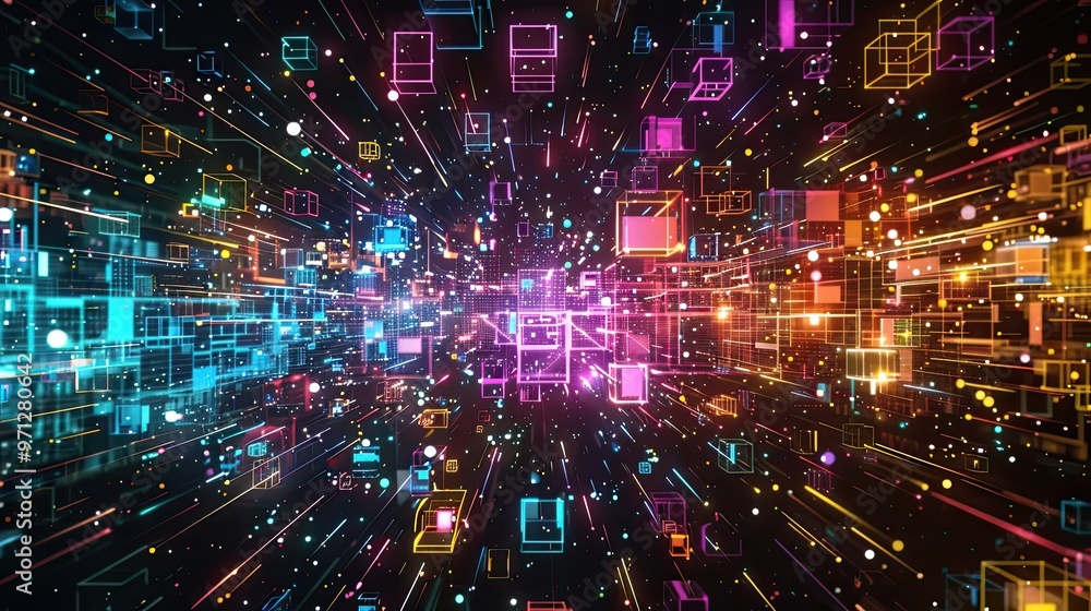 A vibrant digital landscape filled with glowing cubes and lines, representing data flow and technological advancement. A vibrant digital landscape filled with glowing cubes and lines, representing data flow and technological advancement.