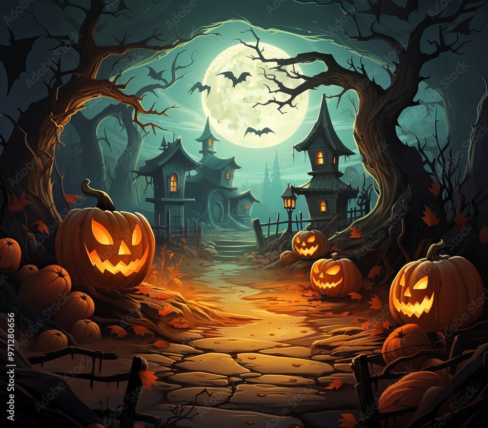 Fototapeta premium Haunted Forest with Full Moon and Halloween Pumpkins