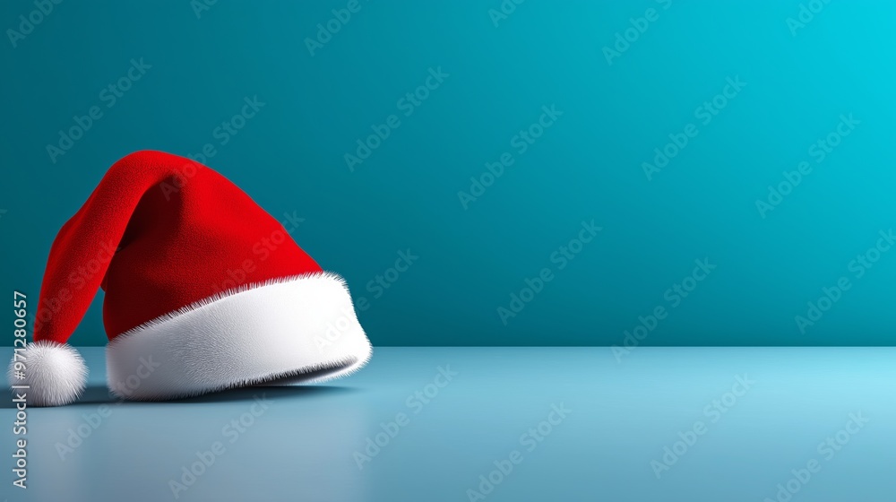A red and white santa hat is on a blue background. The hat is tilted and he is looking down A red and white santa hat is on a blue background. The hat is tilted and he is looking down