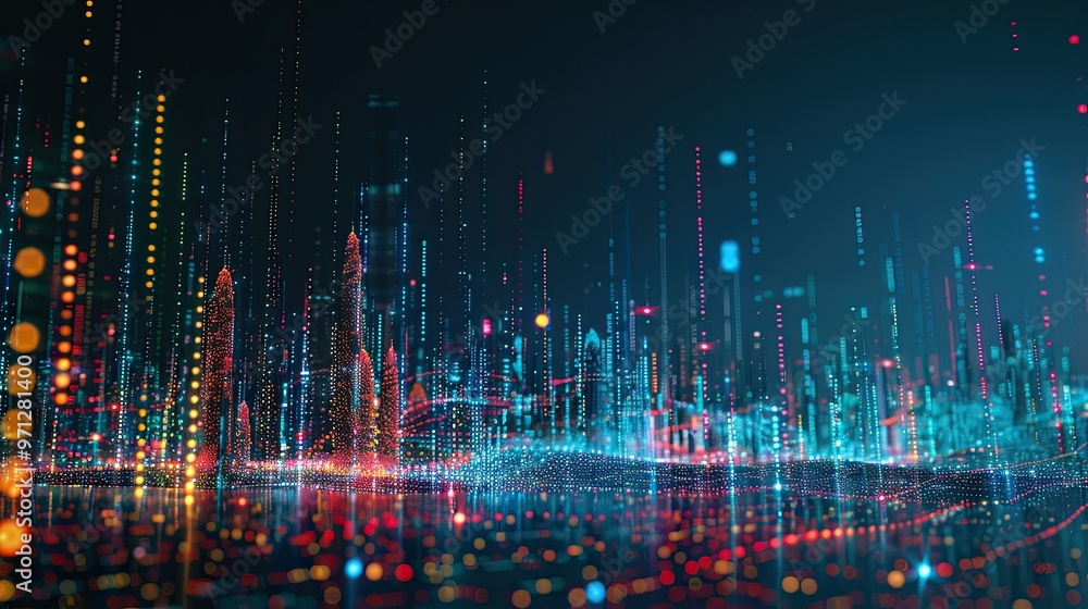 Fototapeta premium A vibrant digital landscape showcasing data visualization with colorful lines and dots representing information flow.
