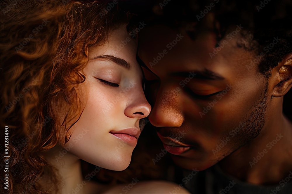 Tender moment of a couple resting their foreheads together Tender moment of a couple resting their foreheads together