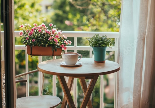 The terrace of a small apartment in the summer with flowers and a coffee table looks bright and cheerful