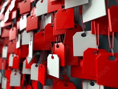 A wall covered in red and white price tags, creating a chaotic and colorful pattern.