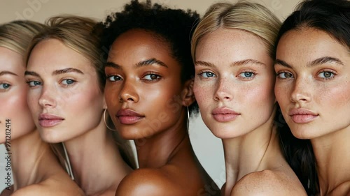 Diverse beauty showcase featuring models with various skin tones in a natural setting
