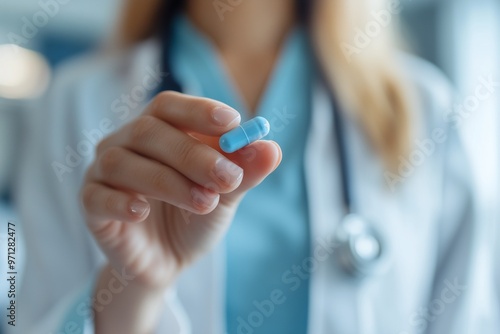 Female hand holding white capsule copy of pharmacology concept space. Doctor holding coloured capsule with pill in her hand. Pharmacology banner, template, wallpaper