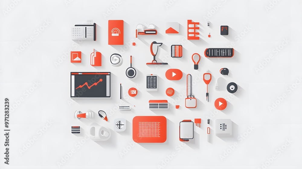 Tech icons symmetrically positioned on a light grey background Tech icons symmetrically positioned on a light grey background