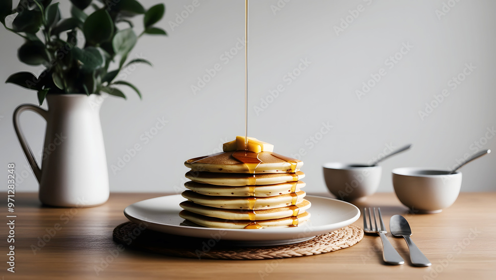 Stack of pancakes with butter and syrup being poure Stack of pancakes with butter and syrup being poure