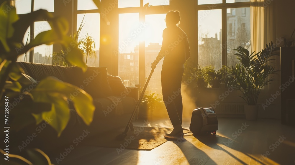 A person vacuums the living room as sunlight streams through the windows in an apartment filled with plants and cozy furnishings A person vacuums the living room as sunlight streams through the windows in an apartment filled with plants and cozy furnishings