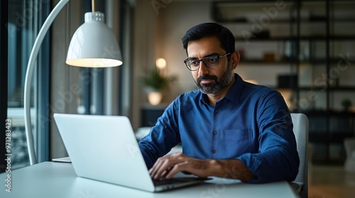 Indian man working on a laptop intently focused on the screen, concentrating on tasks, hybrid work setup, balancing remote and office responsibilities