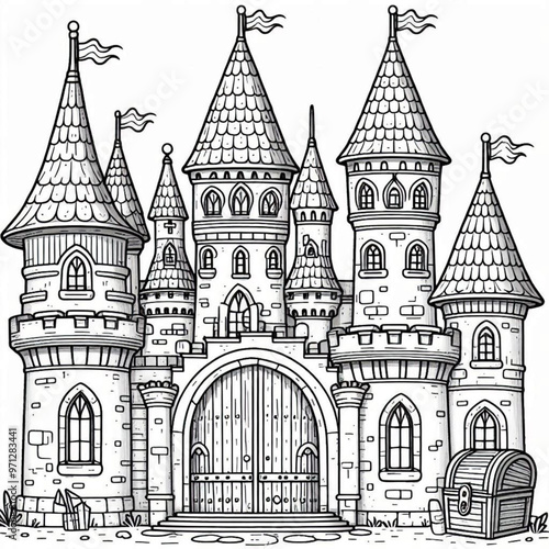 Intricate Fairytale Castle Illustration Perfect for Coloring Book Pages Design