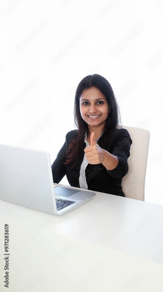 Indian woman sitting at her desk with a laptop giving a thumbs up, smiling in a hybrid work setup, blending remote and office tasks Indian woman sitting at her desk with a laptop giving a thumbs up, smiling in a hybrid work setup, blending remote and office tasks
