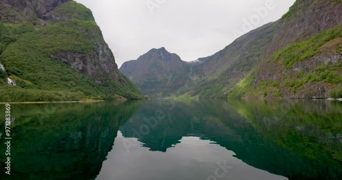 View of the mountains along the Nærøyfjord from the Flam boat cruise, Norway