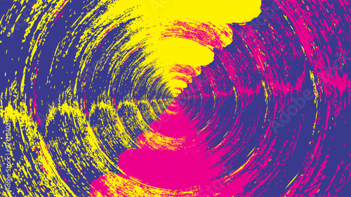 dynamic spiral pattern with grunge texture in vibrant neon yellow, pink, and blue hues. The energetic blend of colors and textures creates a bold and edgy visual