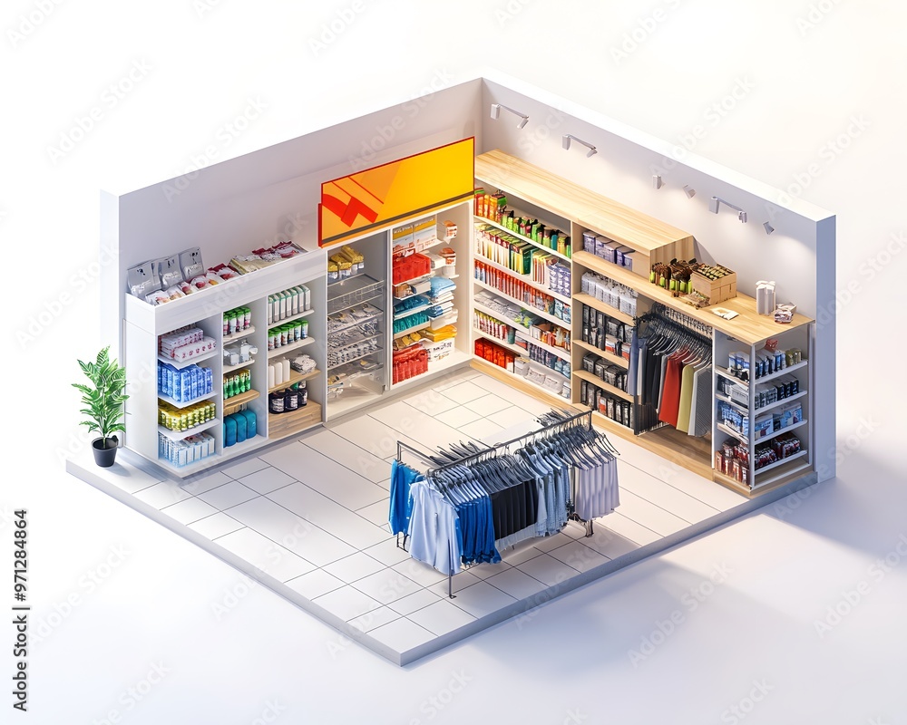 Mini Mart in Miniature: A 3D rendering of a compact convenience store, stocked with everyday essentials, bathed in warm inviting light. Mini Mart in Miniature: A 3D rendering of a compact convenience store, stocked with everyday essentials, bathed in warm inviting light.