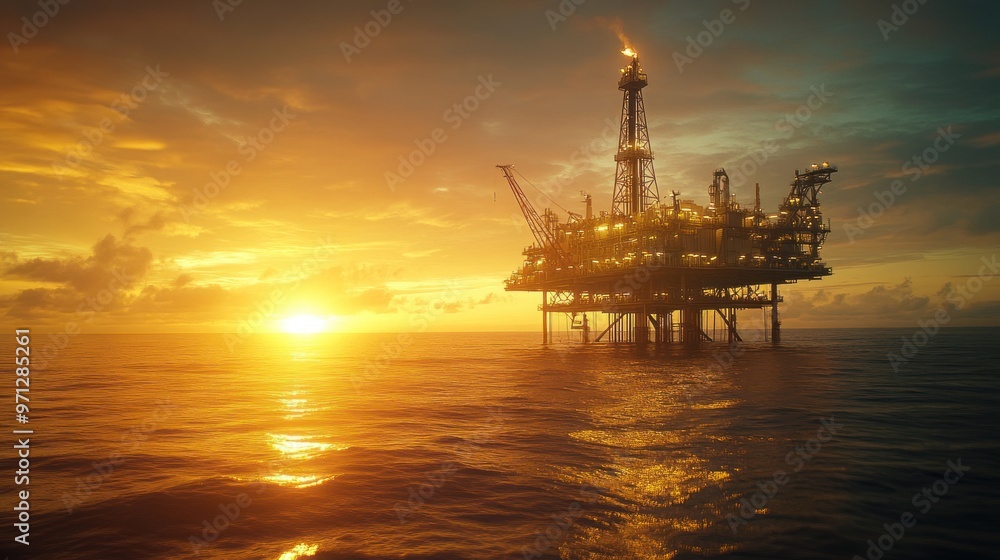 A large oil rig is floating in the ocean at sunset A large oil rig is floating in the ocean at sunset